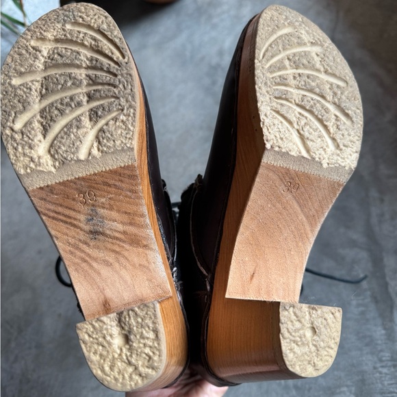 No.6 Clog Shearling Lined Lace Up Boot Sz 39 Black & Brown Natural Base 3” heel - Picture 8 of 16